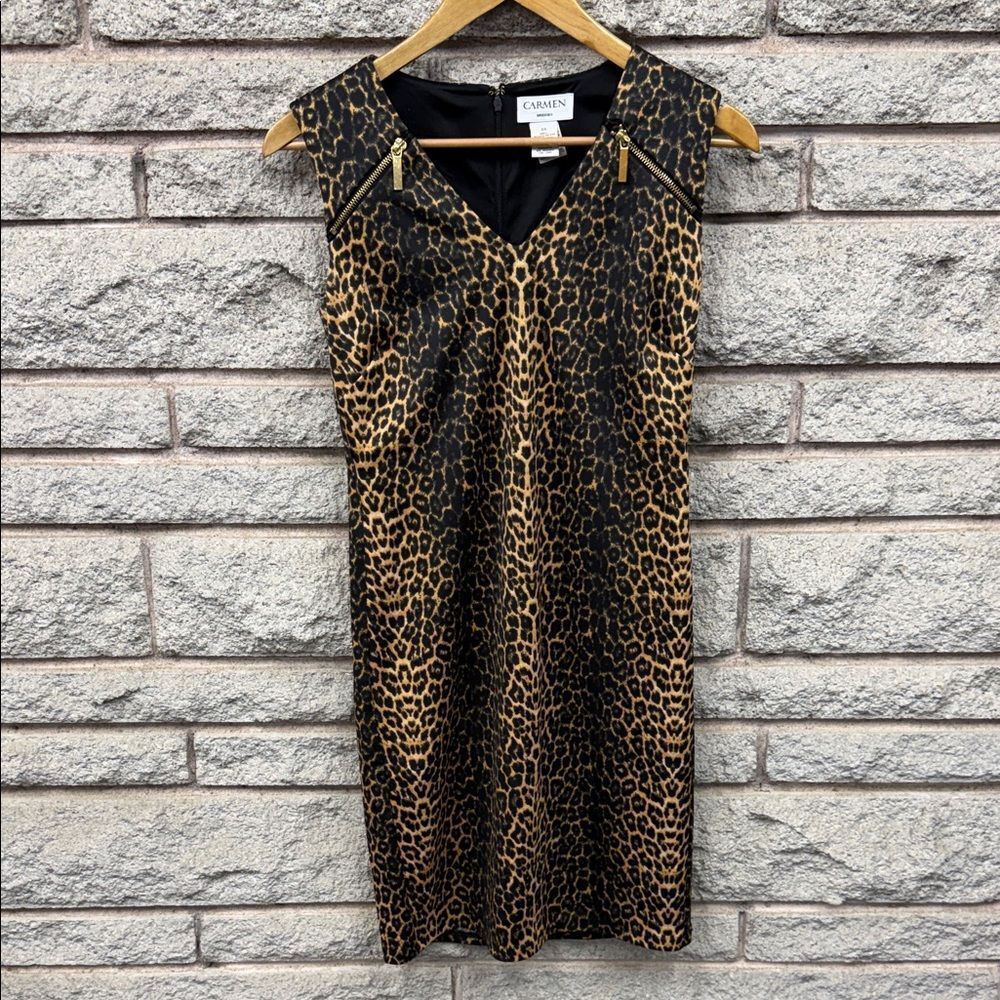 Carmen Marc Valvo Black and Brown Animal Print Mini Dress